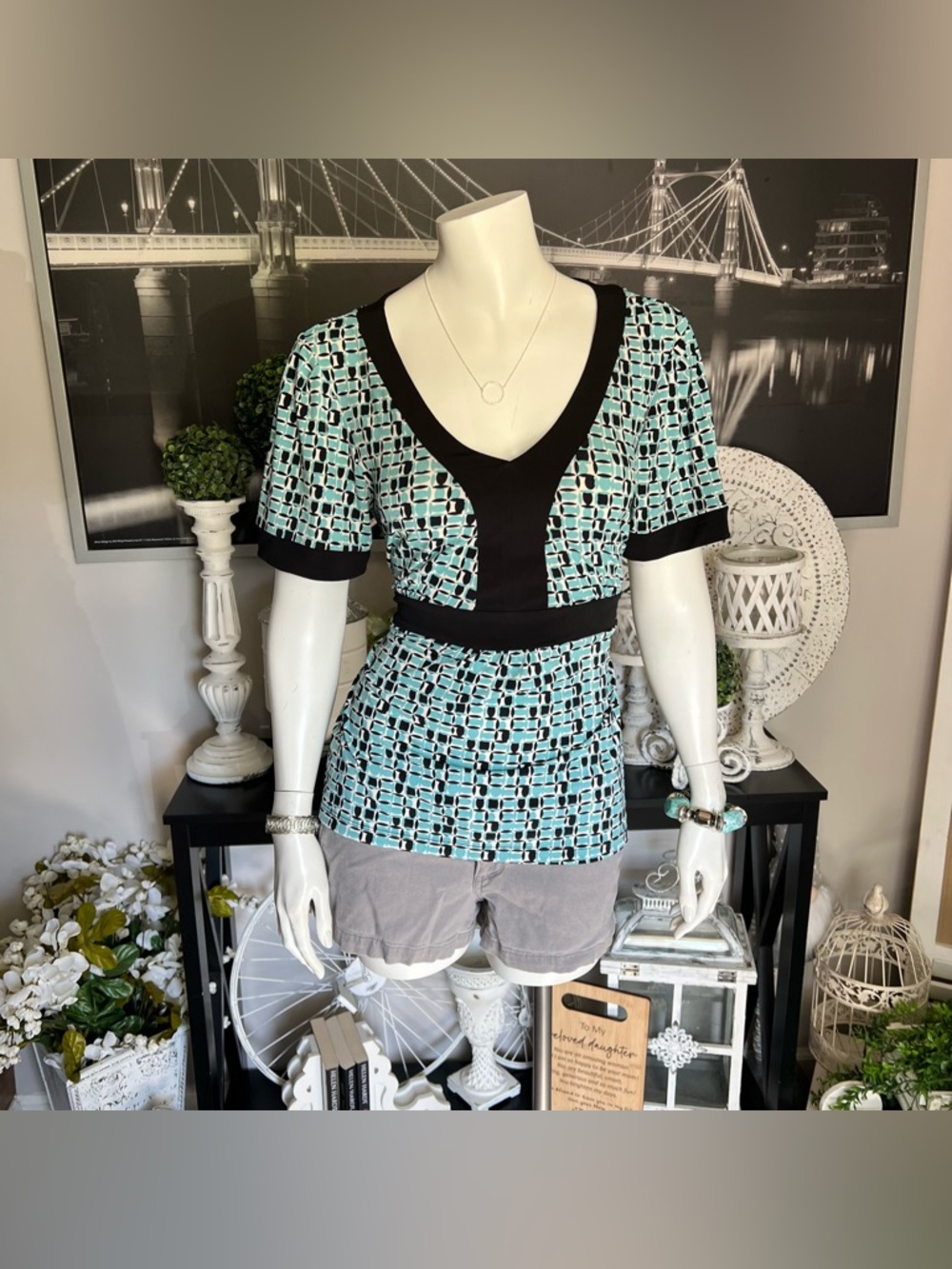 apt.9 Stretch Geometric Print Top Blue Black White Size M